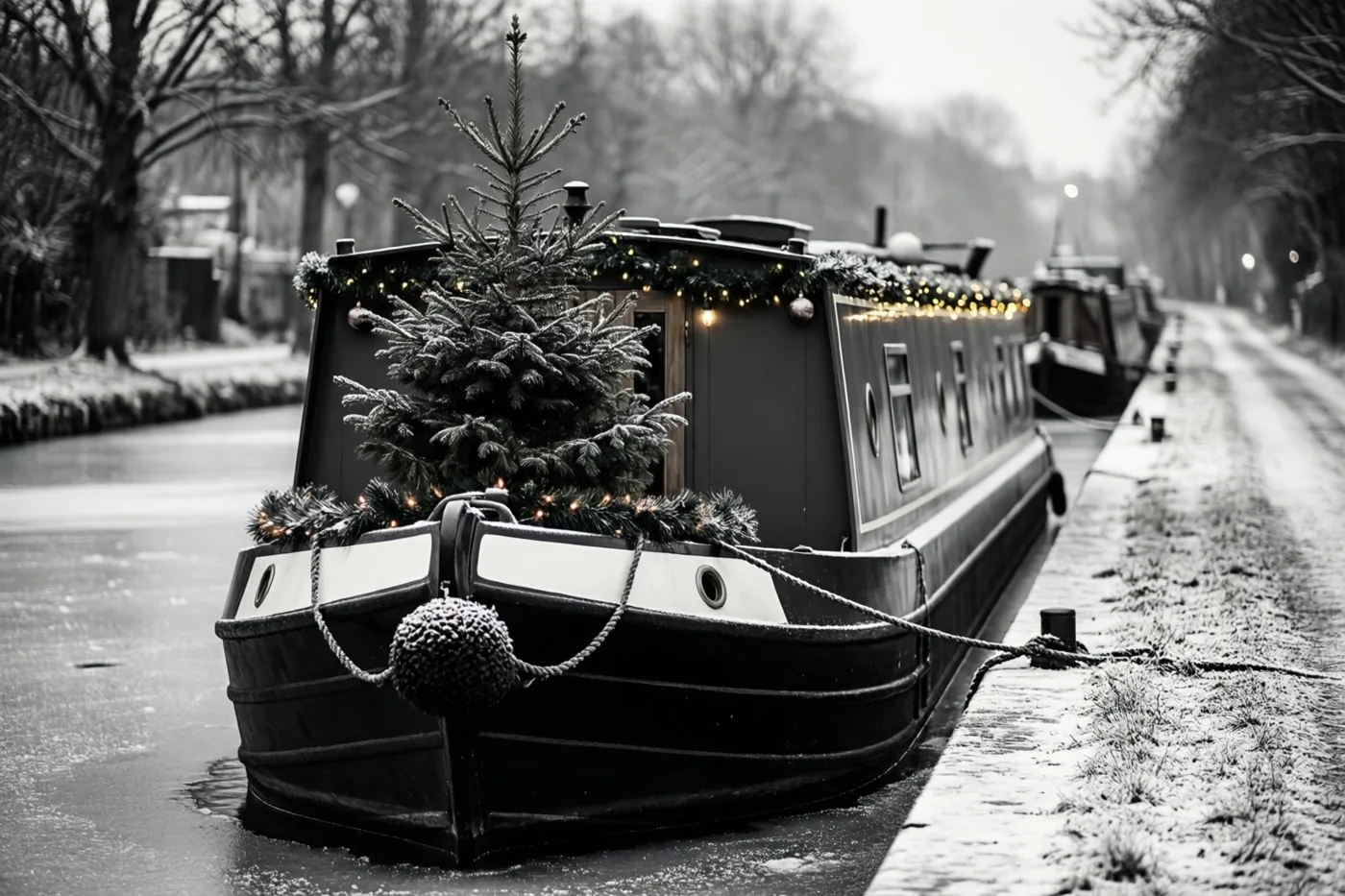 Een binnenvaartschip met kerstlichtjes en een klein dennenboompje op het dek ligt aangemeerd op een bevroren kanaal tussen kale bomen en besneeuwde oevers.