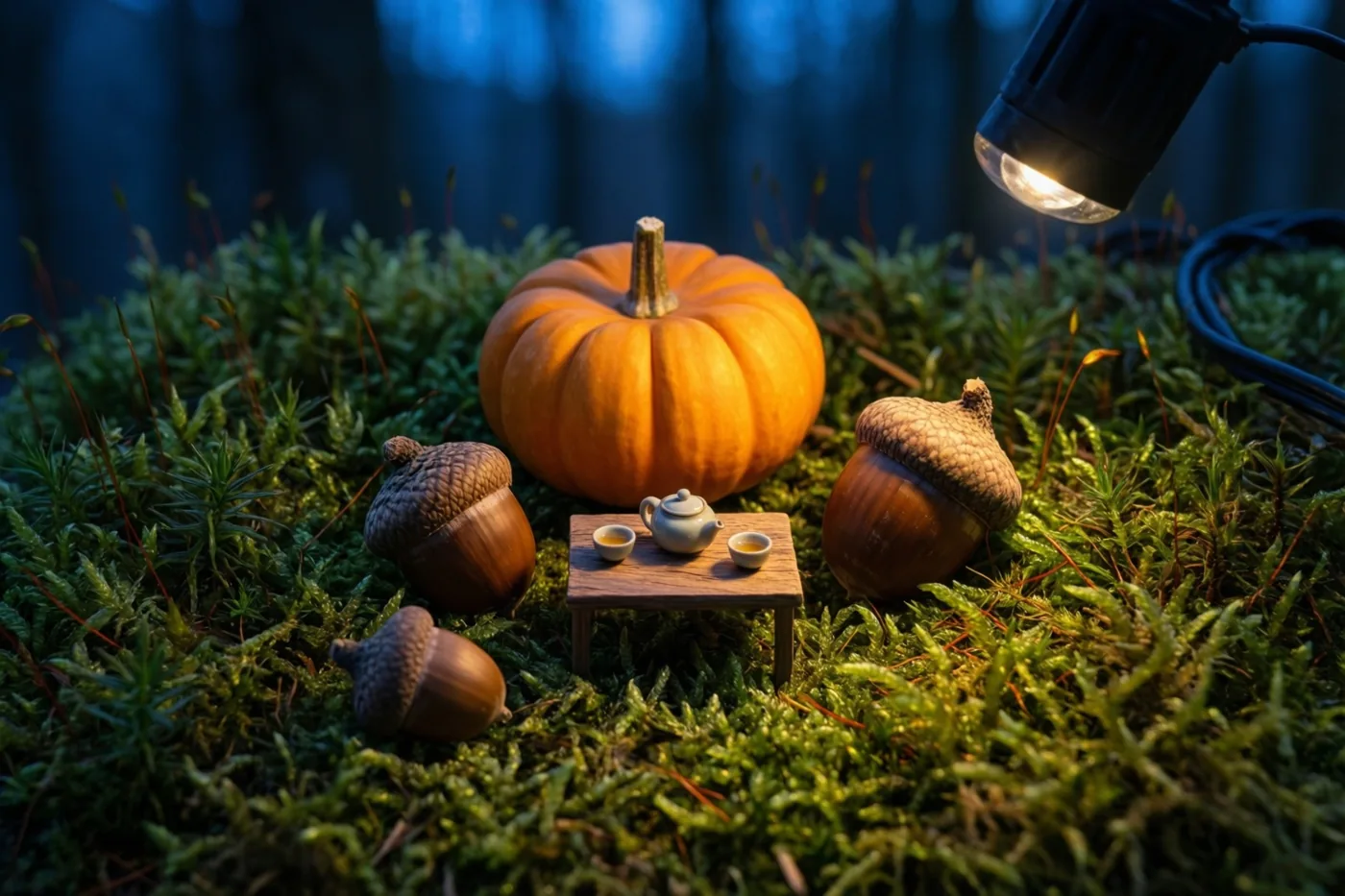 Een miniatuurtheeservies staat met een kleine pompoen en eikels op mos in een bos, verlicht door een spot in een tafereel met oranje, groene en blauwe tinten.