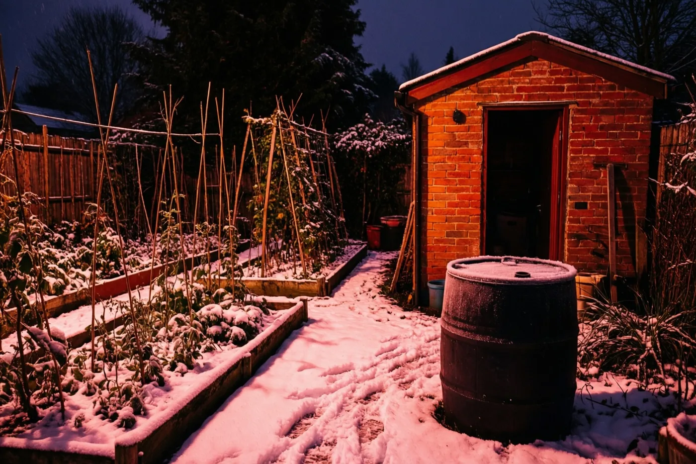 Een besneeuwde volkstuin met verhoogde bedden en planten ligt in de blauwe schemering, terwijl oranje licht uit de open deur van een bakstenen tuinhuis schijnt.