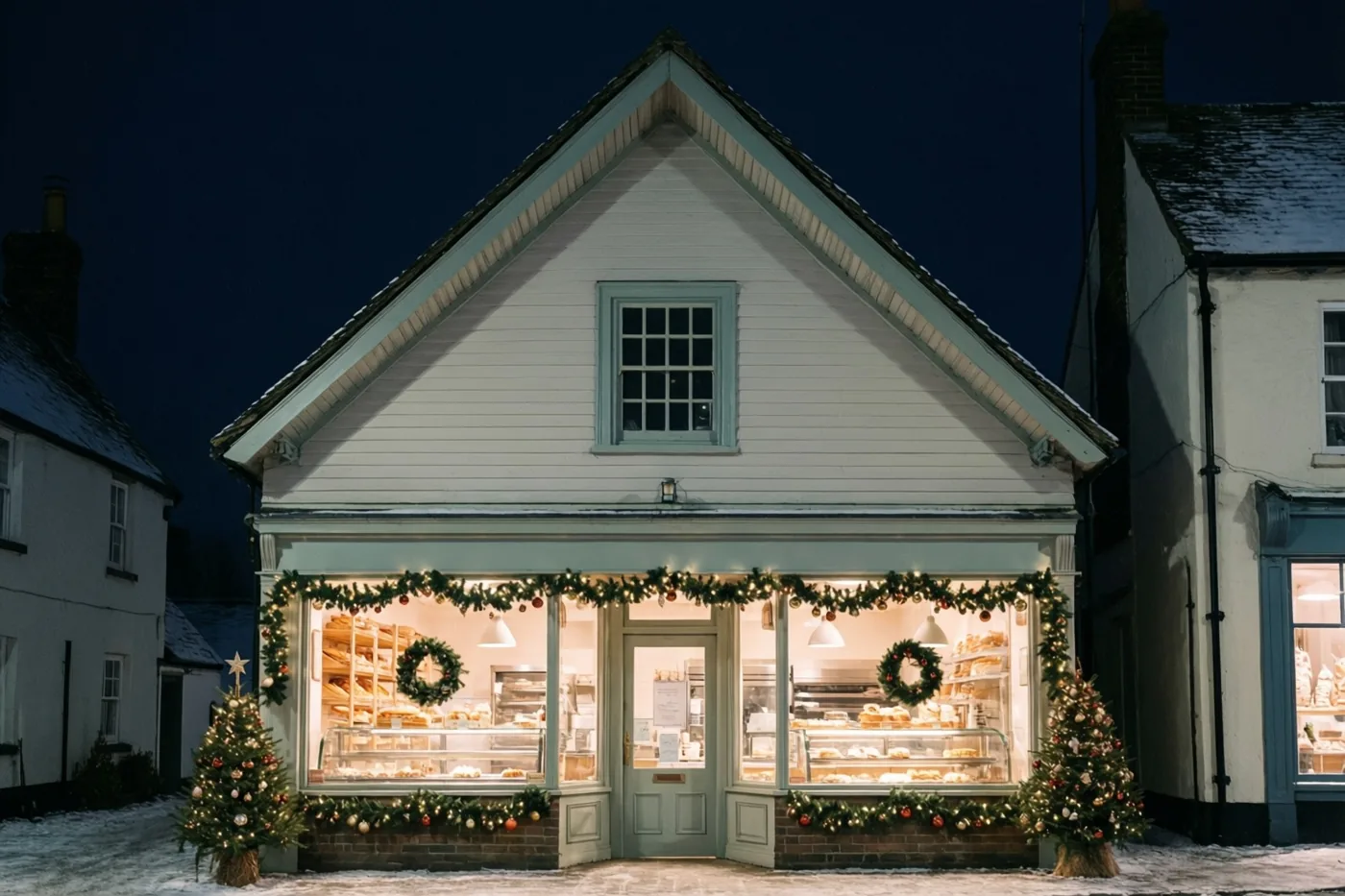 Een dorpsbakkerij met trapgevel en warm verlichte ramen is 's nachts versierd met kerstslingers en lichtjes in een besneeuwd dorp.