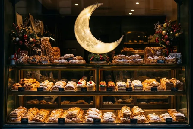 Een van binnenuit verlichte bakkerijvitrine vol gebak staat 's nachts onder een grote lichtgevende maansikkel, met feestversiering aan beide kanten.
