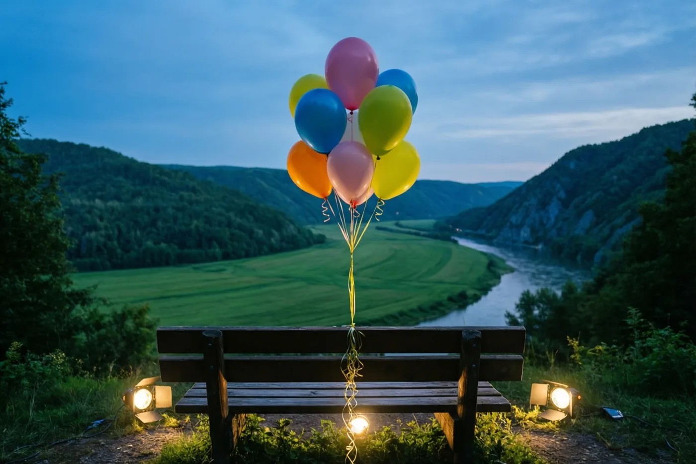 Kleurrijke ballonnen hangen aan een houten bank boven een brede groene riviervallei in de schemering, met kleine spots aan weerszijden van de bank.