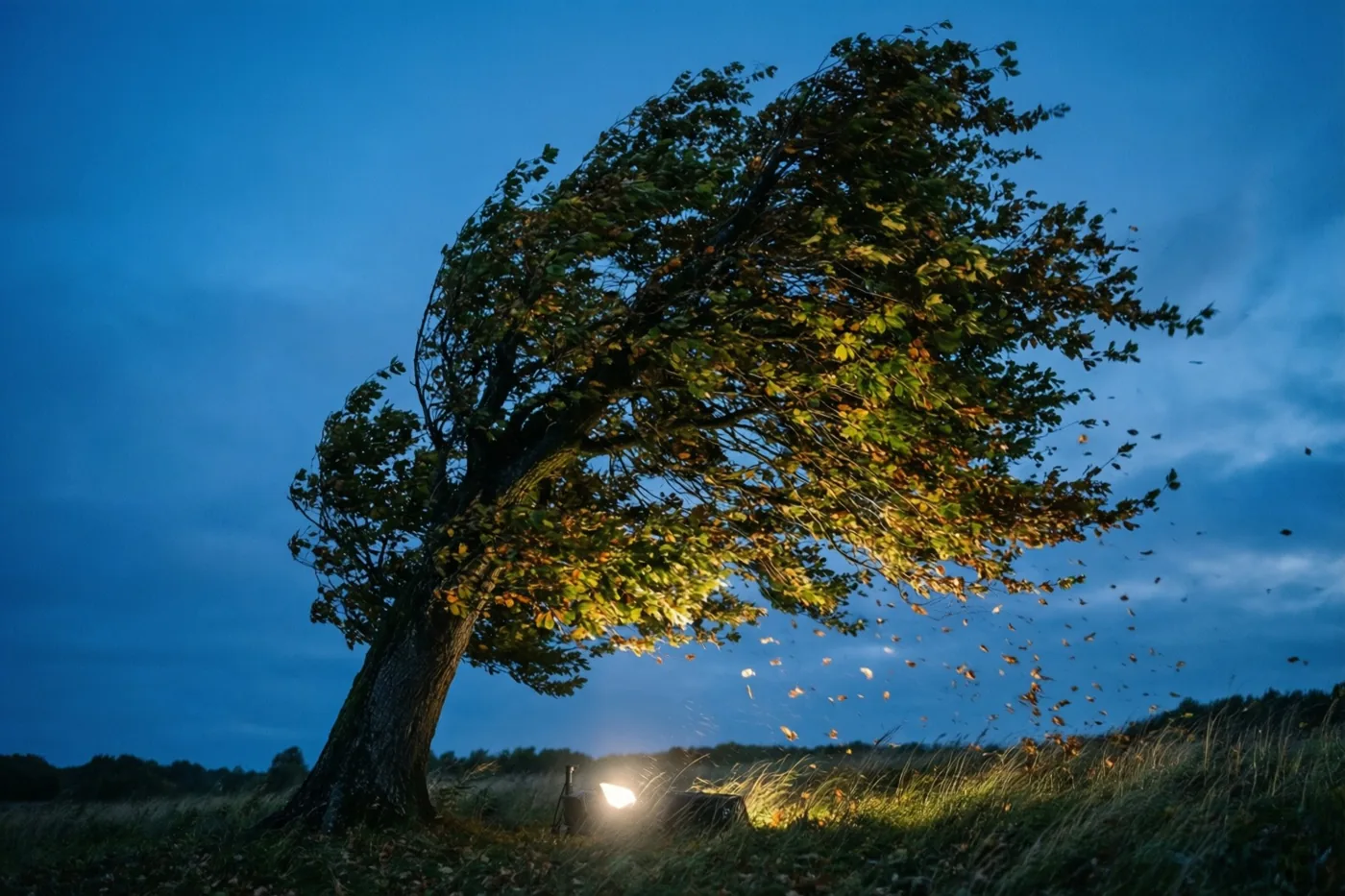Een beuk buigt sterk in de wind boven een grasveld bij schemering, met rondvliegende bladeren en een warme spot aan de voet onder een diepblauwe hemel.