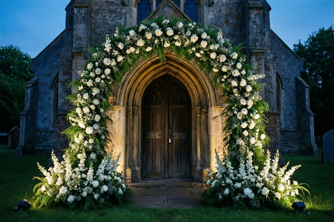 Een grote boogvormige ingang van een oude stenen kerk is versierd met witte bloemen en groen, warm verlicht onder een koele blauwe schemerlucht.
