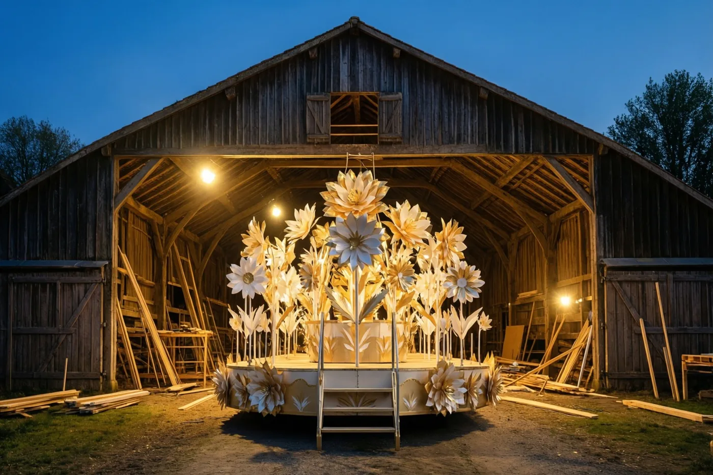 Bij schemering wordt in een rustieke houten schuur een grote verlichte carnavalswagen met reusachtige papieren bloemen opgebouwd, met warm kunstlicht tegen een diepblauwe avondhemel.