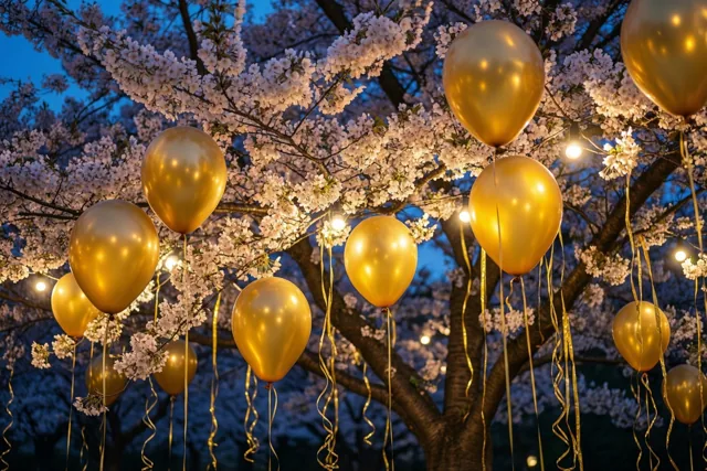 Een bloeiende kersenboom met gouden ballonnen en slingers is warm verlicht tegen een diepblauwe schemerhemel.