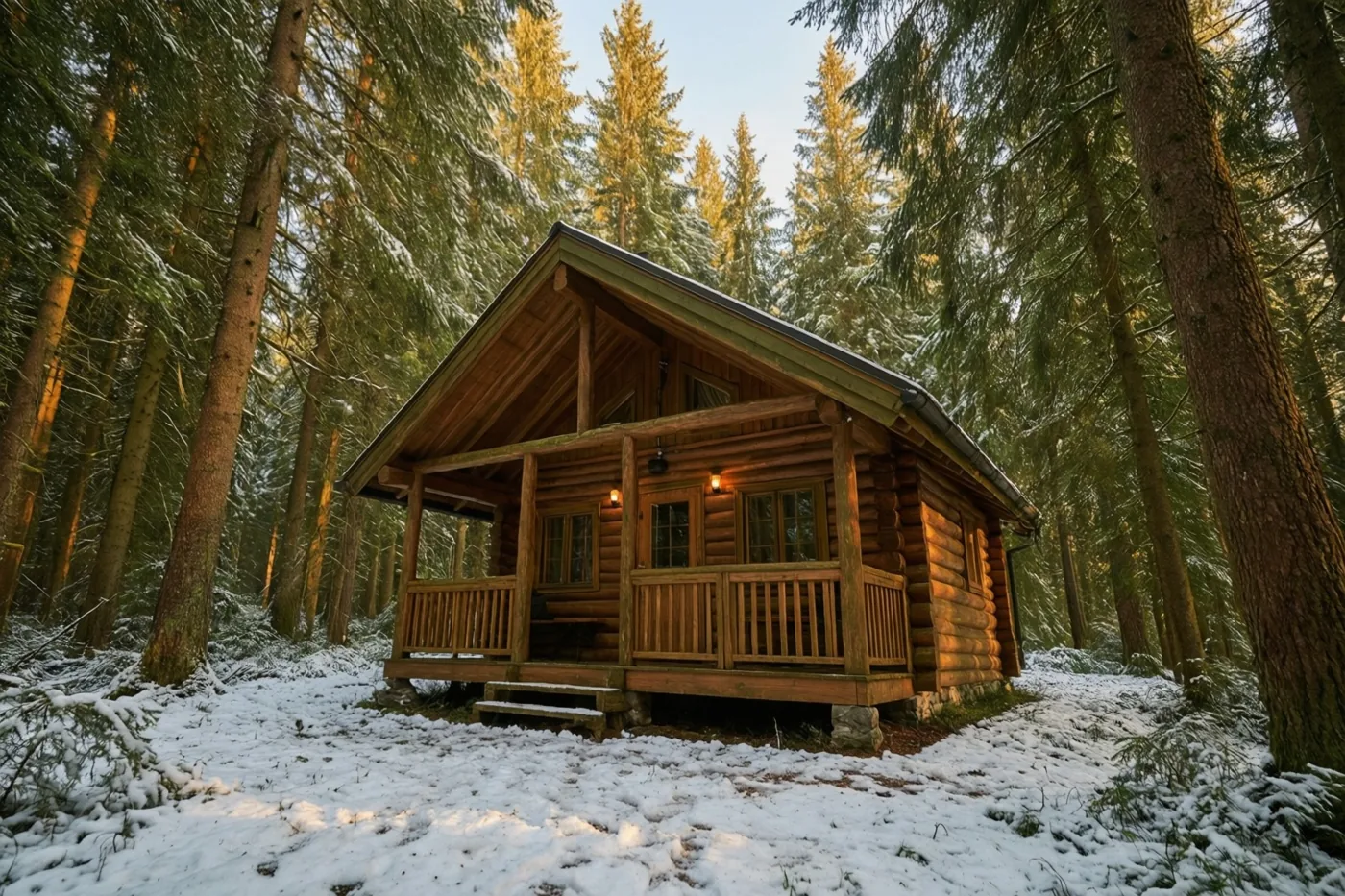 Een houten blokhut met een veranda en warme verlichting staat tussen hoge groenblijvende bomen in een besneeuwd bos, in zacht gouden licht.