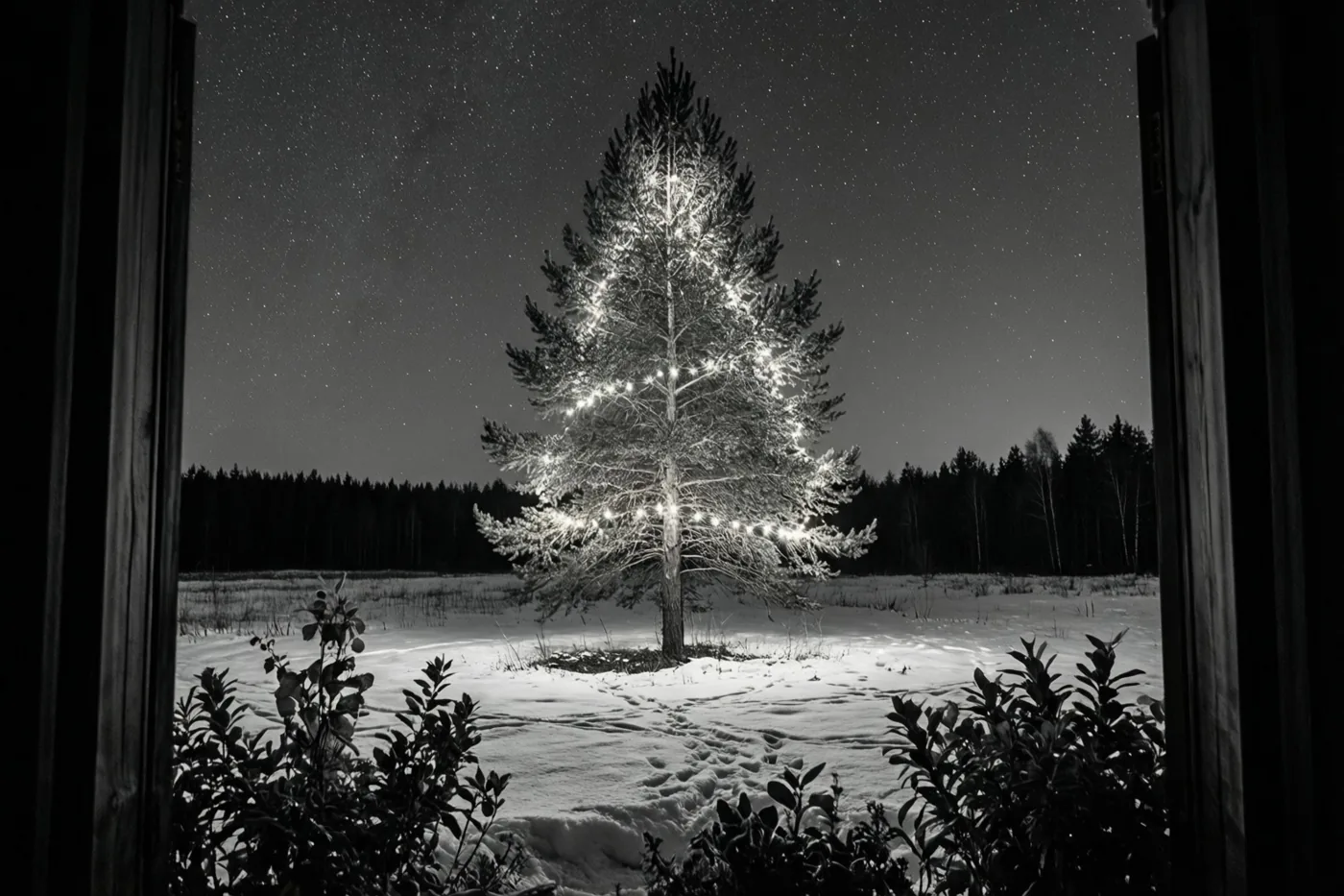 Door een raamkozijn is in zwart-wit een verlichte dennenboom in een besneeuwd veld onder een sterrenhemel te zien.