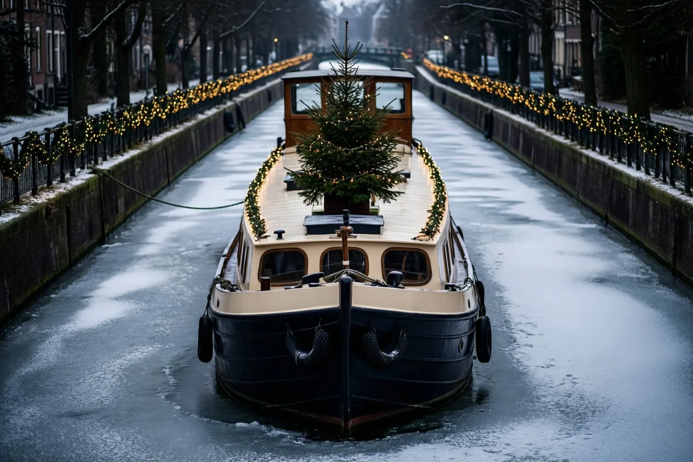 Een binnenvaartboot met een klein dennenboompje en lichtslingers op het dek ligt aangemeerd op een bevroren kanaal met bomen en feestlichtjes langs de oevers.