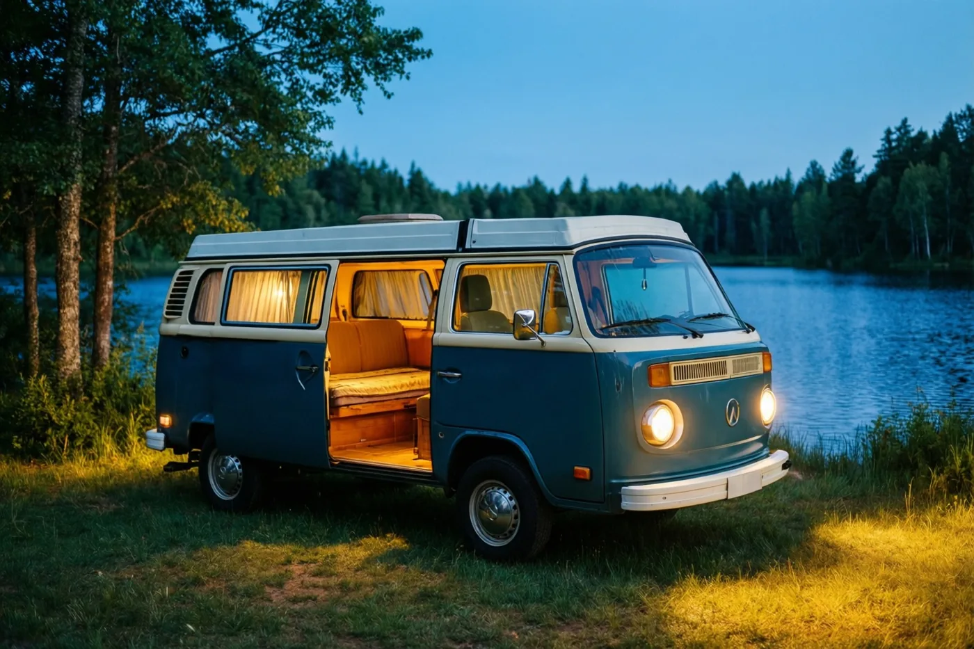 Een tweekleurige oude camper staat bij schemering met de zijdeur open op het gras naast een meer, met warm licht binnen en koele blauwe tinten in de lucht en het water.
