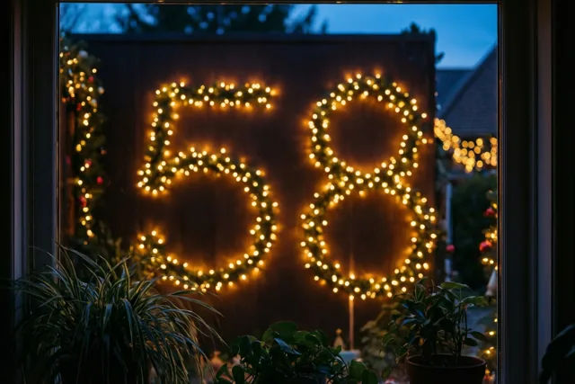 Door een raam is het getal 58 in warme lichtjes op een donkere muur te zien, omgeven door kamerplanten en onscherpe lichtjes.
