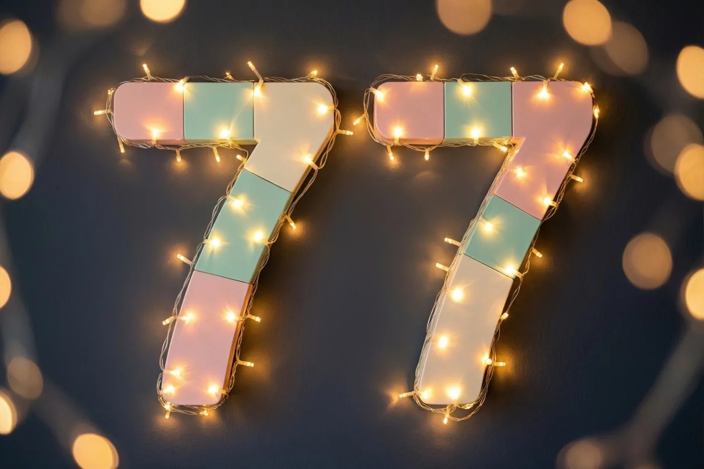 Warme lichtslingers rond pastelkleurige blokken vormen 77 tegen een donkere muur, met onscherpe lichtjes op de achtergrond.