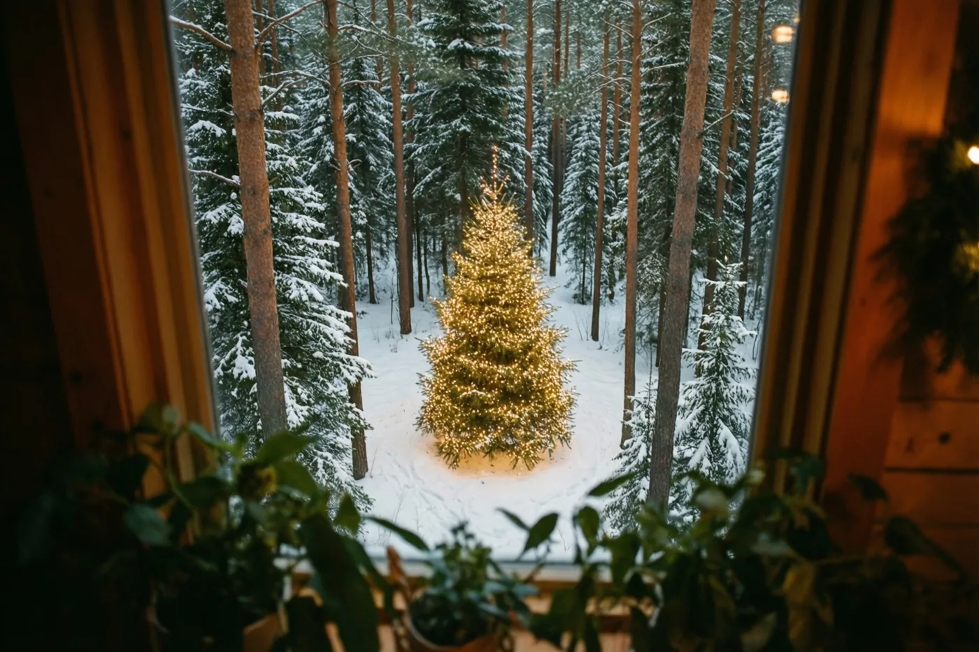 Vanuit een houten hut is door een raam een besneeuwd dennenbos te zien met één boom vol gouden kerstlichtjes en kamerplanten op de voorgrond.