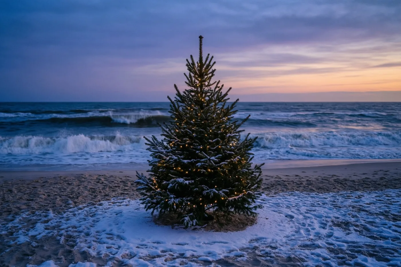 Een dennenboom met sneeuw en warme lichtjes staat bij schemering op een zandstrand, met aanrollende golven onder een paars-oranje lucht.