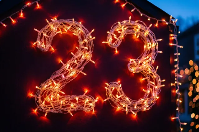 Warme lichtjes vormen 23 op een donkere muur in de schemering, met onscherpe feestlichtjes op de achtergrond.