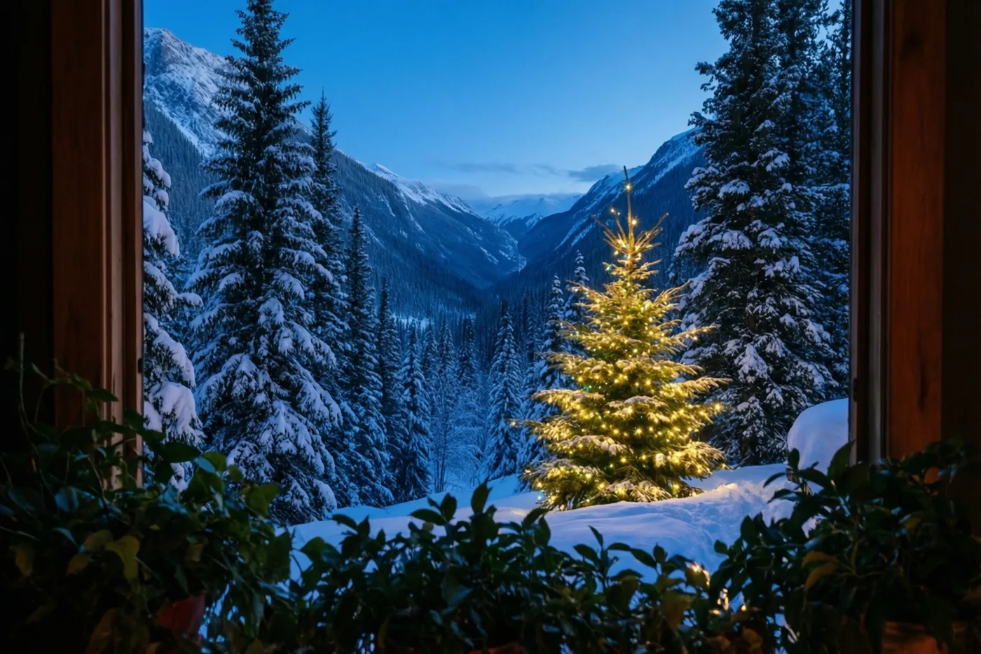 Door een houten raam met donkergroen loof op de voorgrond is een besneeuwde vallei met fijnsparren te zien, waarvan één warme gele kerstlichtjes draagt in de blauwe schemering.
