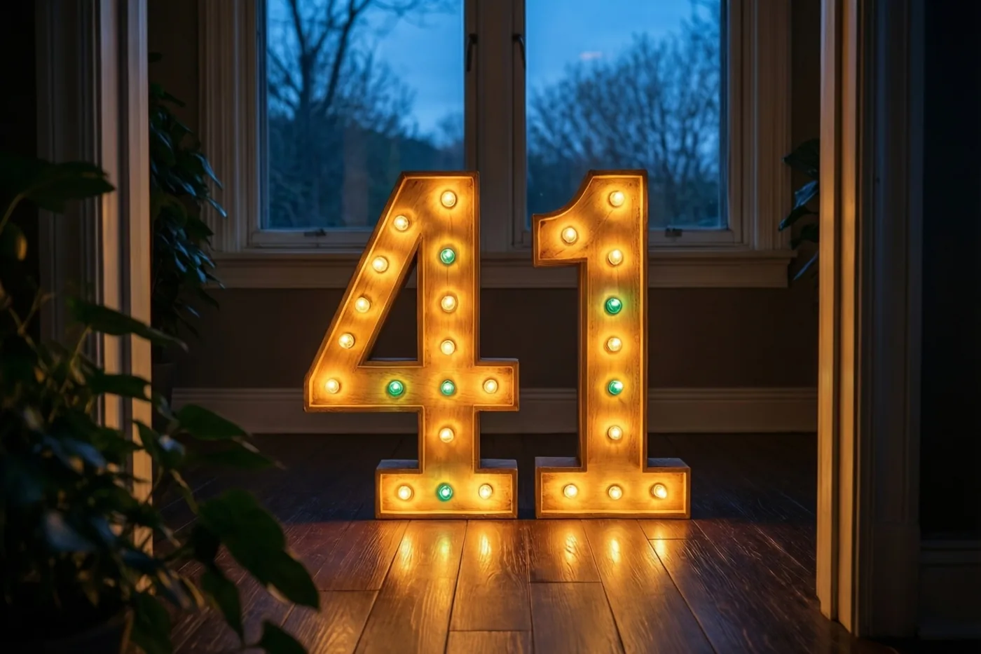 Grote houten cijfers vormen 41 en branden met geel en groen licht op een donkere houten vloer bij een raam met een blauwe schemerlucht.