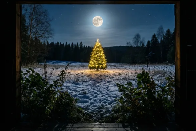 Kerstnacht achter het houten raam