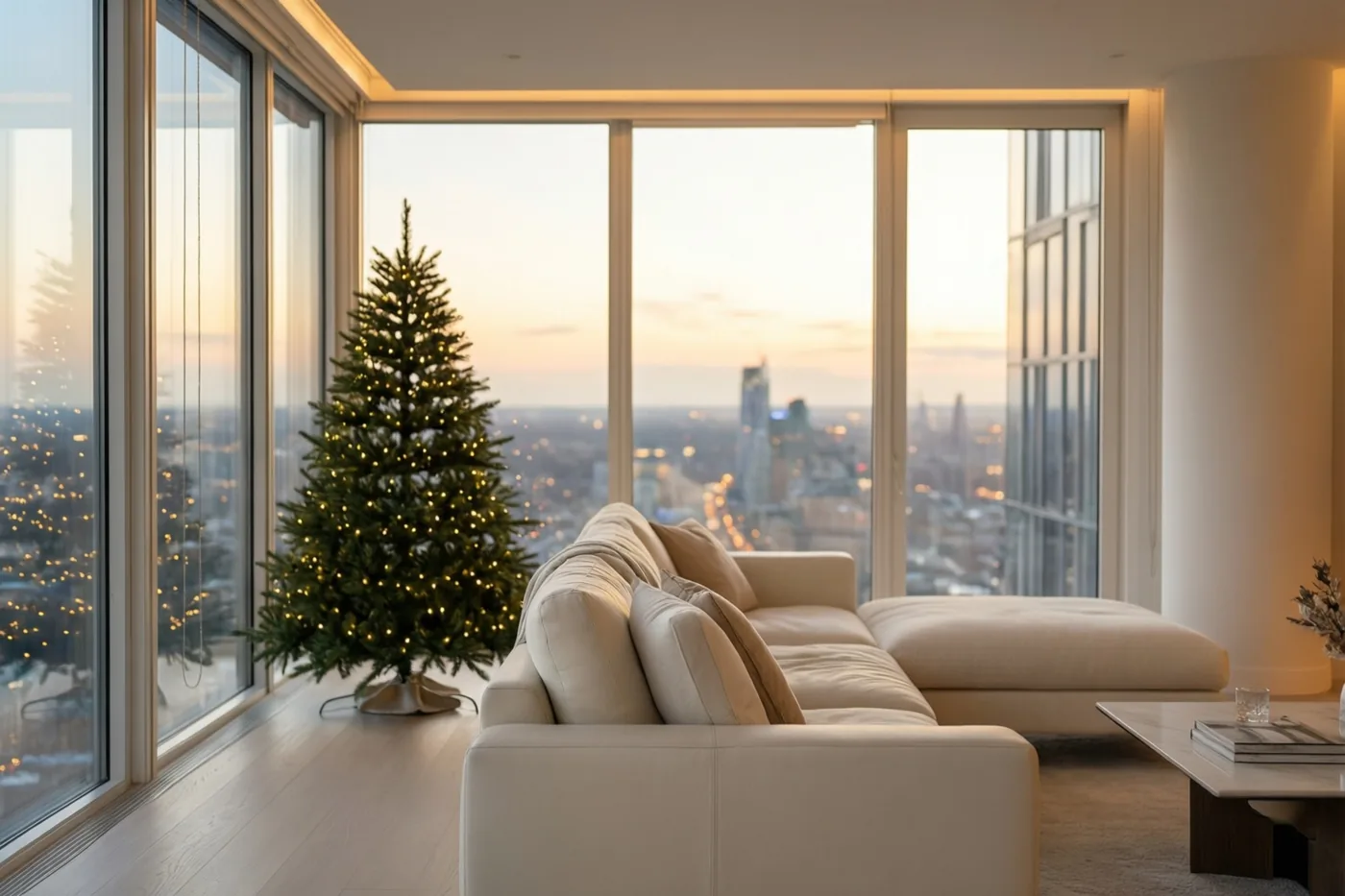Een moderne woonkamer met een grote hoekzetel en een smalle verlichte kerstboom kijkt door kamerhoge ramen uit op de stad in de schemering, in beige, witte en goudgele tinten.