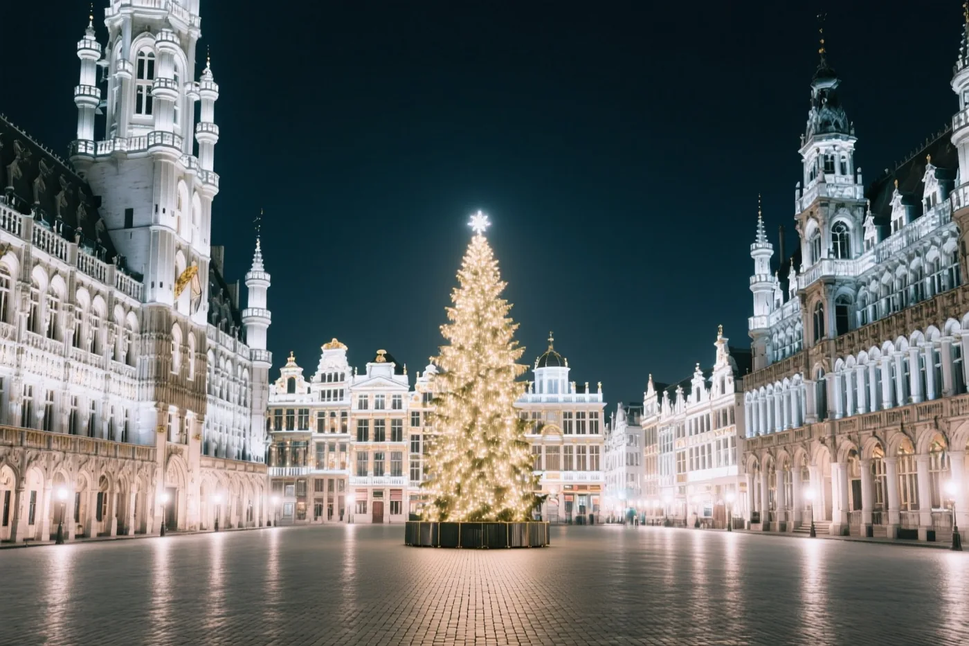 Een hoge verlichte kerstboom staat midden op de Grote Markt in Brussel, omringd door rijk versierde verlichte gildehuizen onder een donkere nachtelijke hemel.