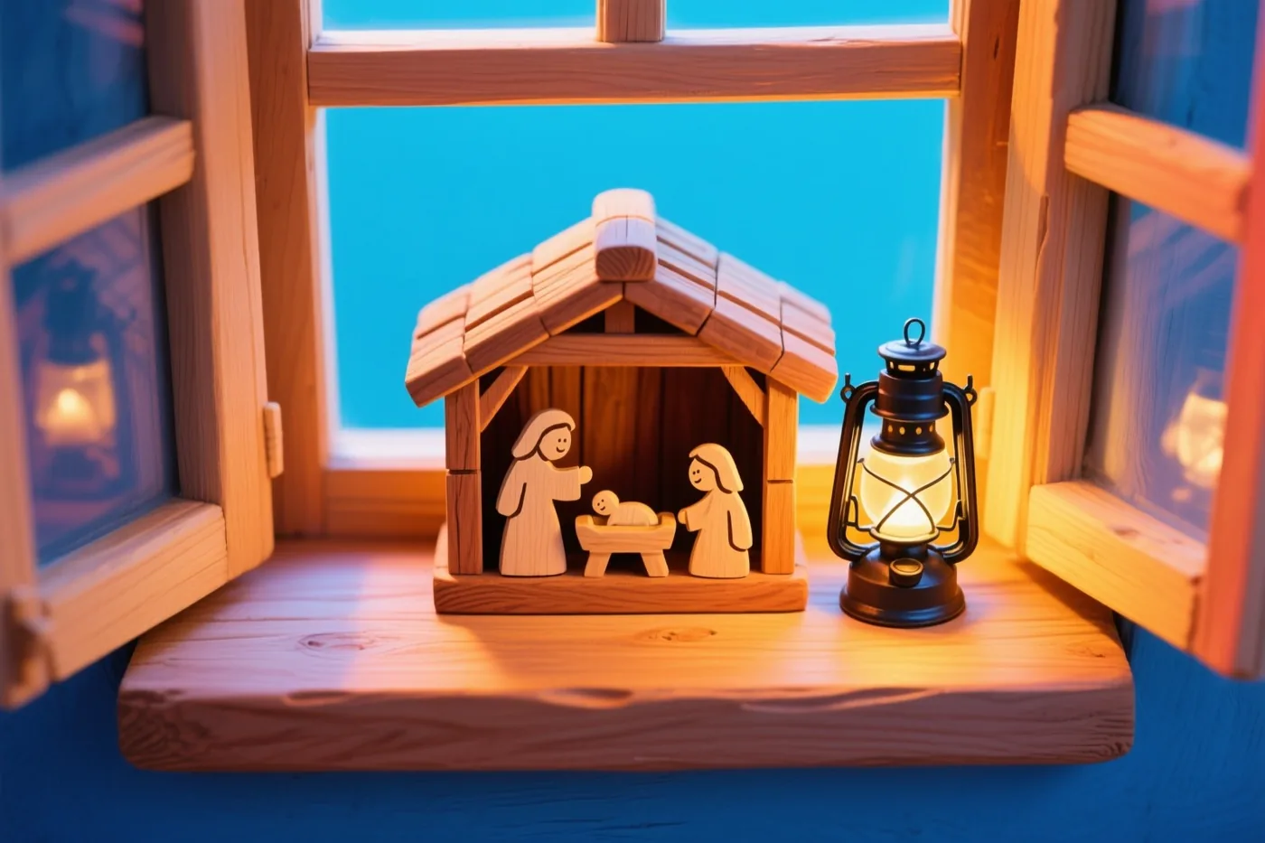 Een houten kerststal met Maria, Jozef en het kindje Jezus staat op een vensterbank naast een brandende lantaarn, in warm licht tegen een helderblauwe achtergrond.