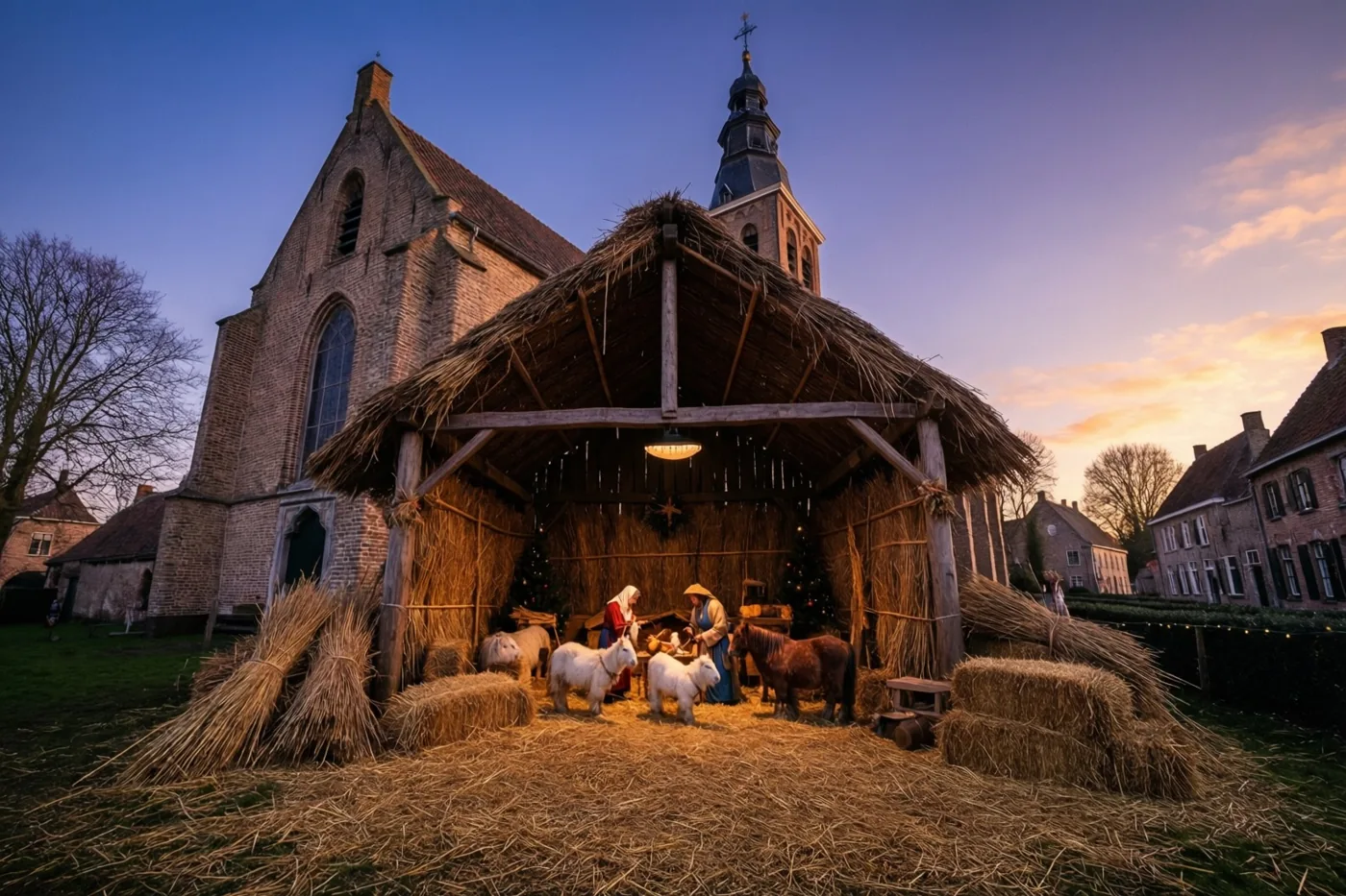 Een landelijke Vlaamse kerststal met stro en dieren staat voor een oude bakstenen kerk bij schemering, met warmgoud licht uit de stal onder een blauw-paarse hemel.