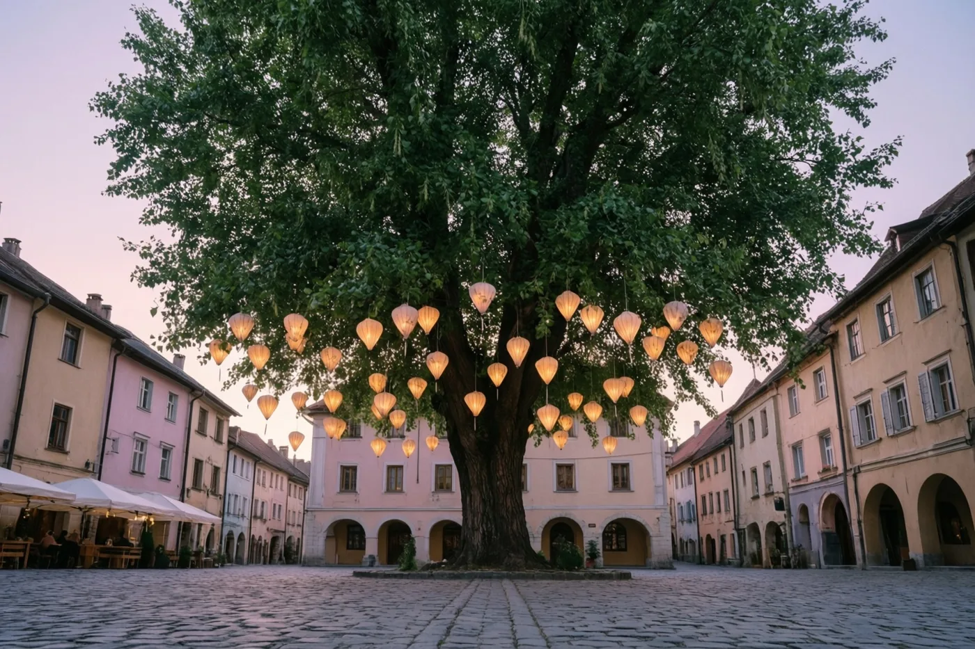Een grote linde met lichtgevende papieren lampionnen staat bij schemering op een dorpsplein met kasseien, omringd door pastelkleurige gebouwen met gebogen deuropeningen.