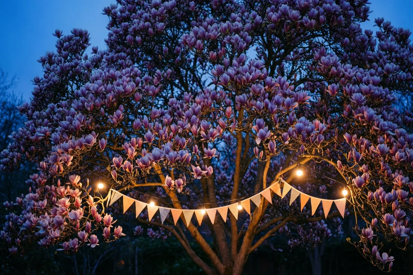 Een bloeiende magnoliaboom met paarse bloemen is bij schemering verlicht door lichtslingers, met papieren vlaggetjes tussen de takken tegen een diepblauwe lucht.