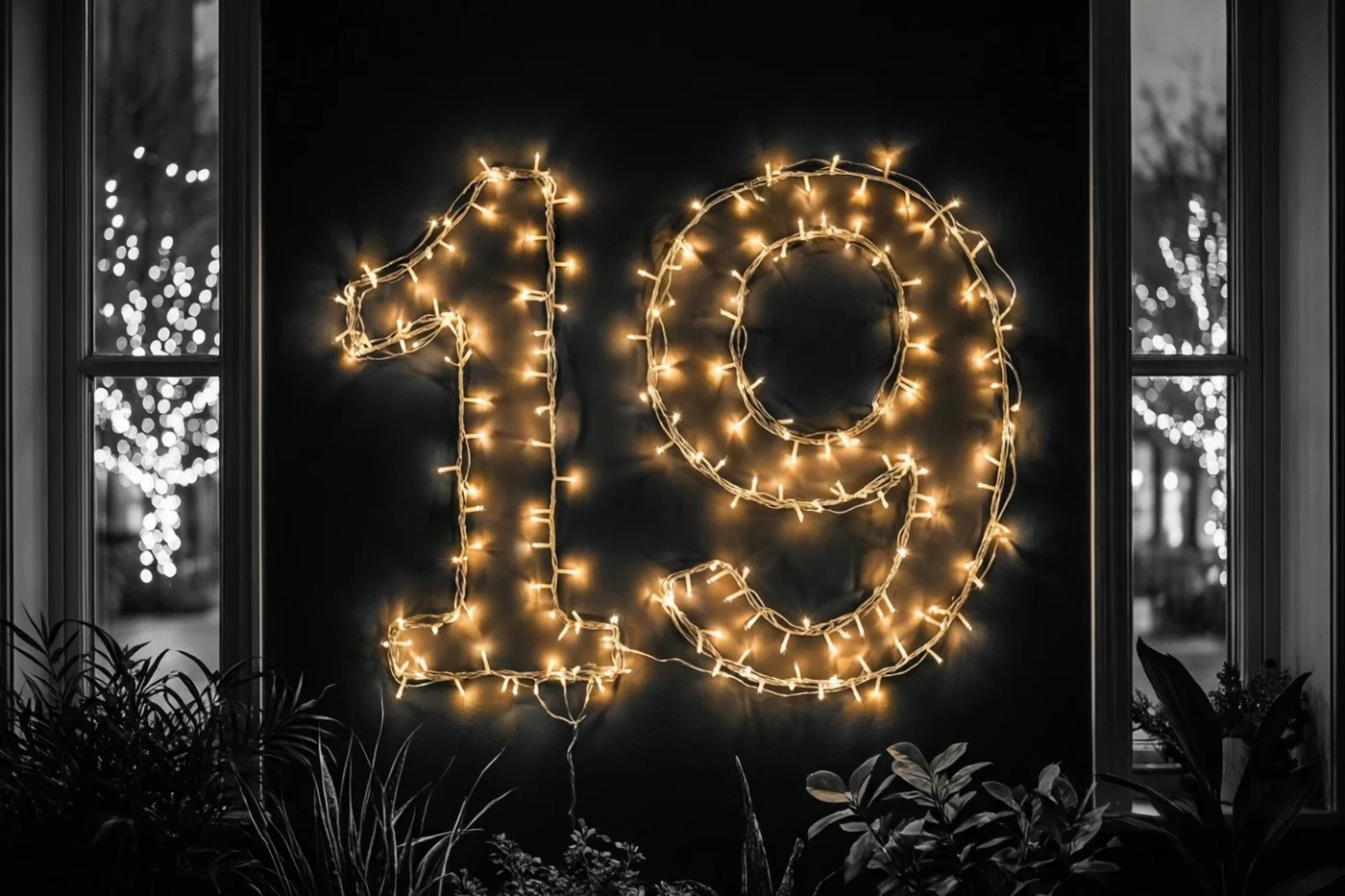 Lichtjes vormen 19 op een donkere muur tussen ramen met feestlichtjes buiten, met donkere plantensilhouetten op de voorgrond.