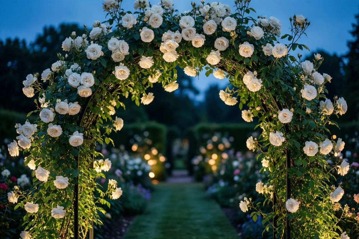 Een tuinboog vol witte rozen en groen blad wordt verlicht door warme lichtjes onder een schemerblauwe lucht, met een pad dat door de verzorgde tuin verder loopt.