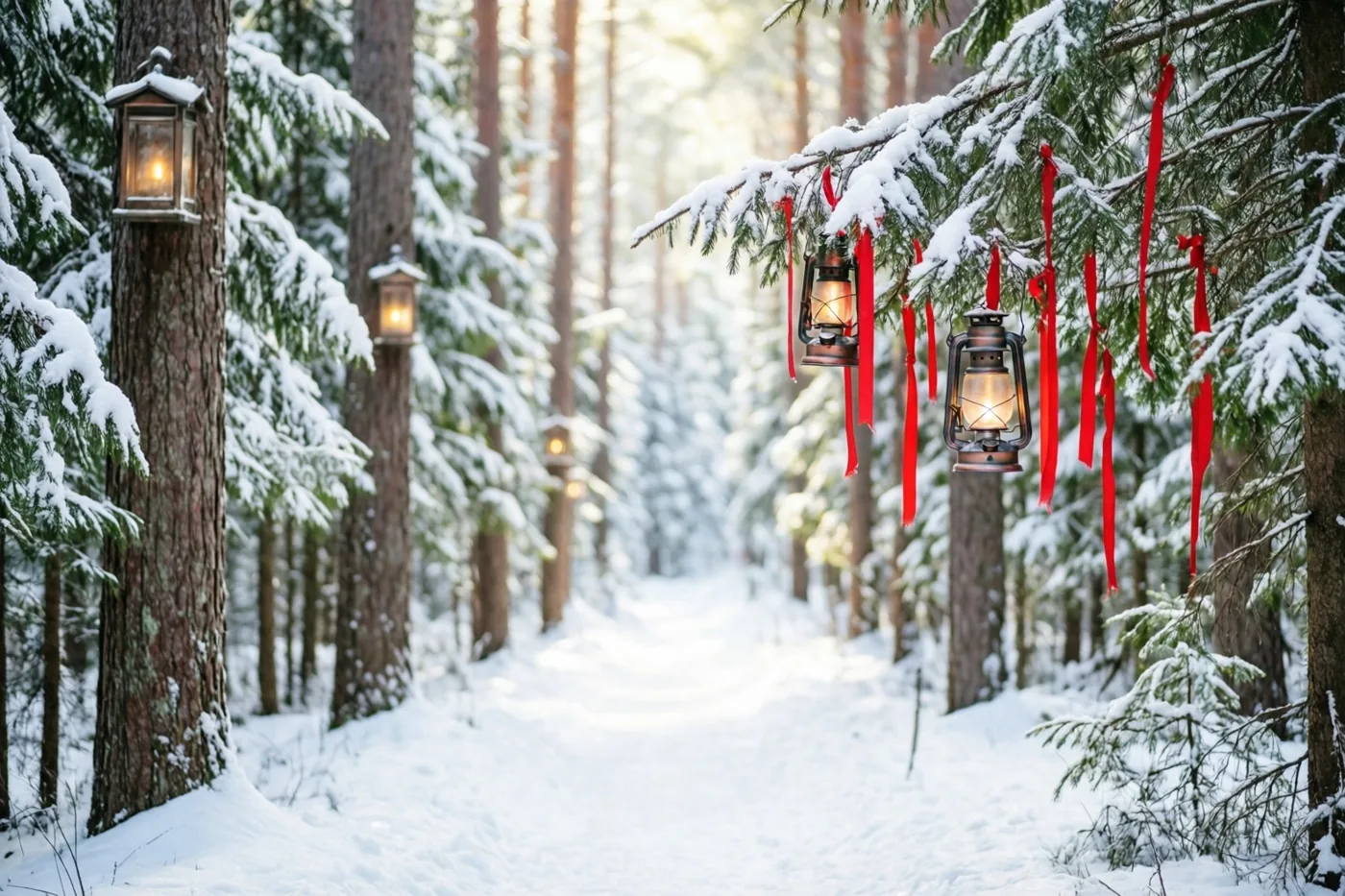 Langs een besneeuwd pad staan hoge sparren met hangende lantaarns en rode linten, waarbij warm licht afsteekt tegen de sneeuw en de groene bomen.