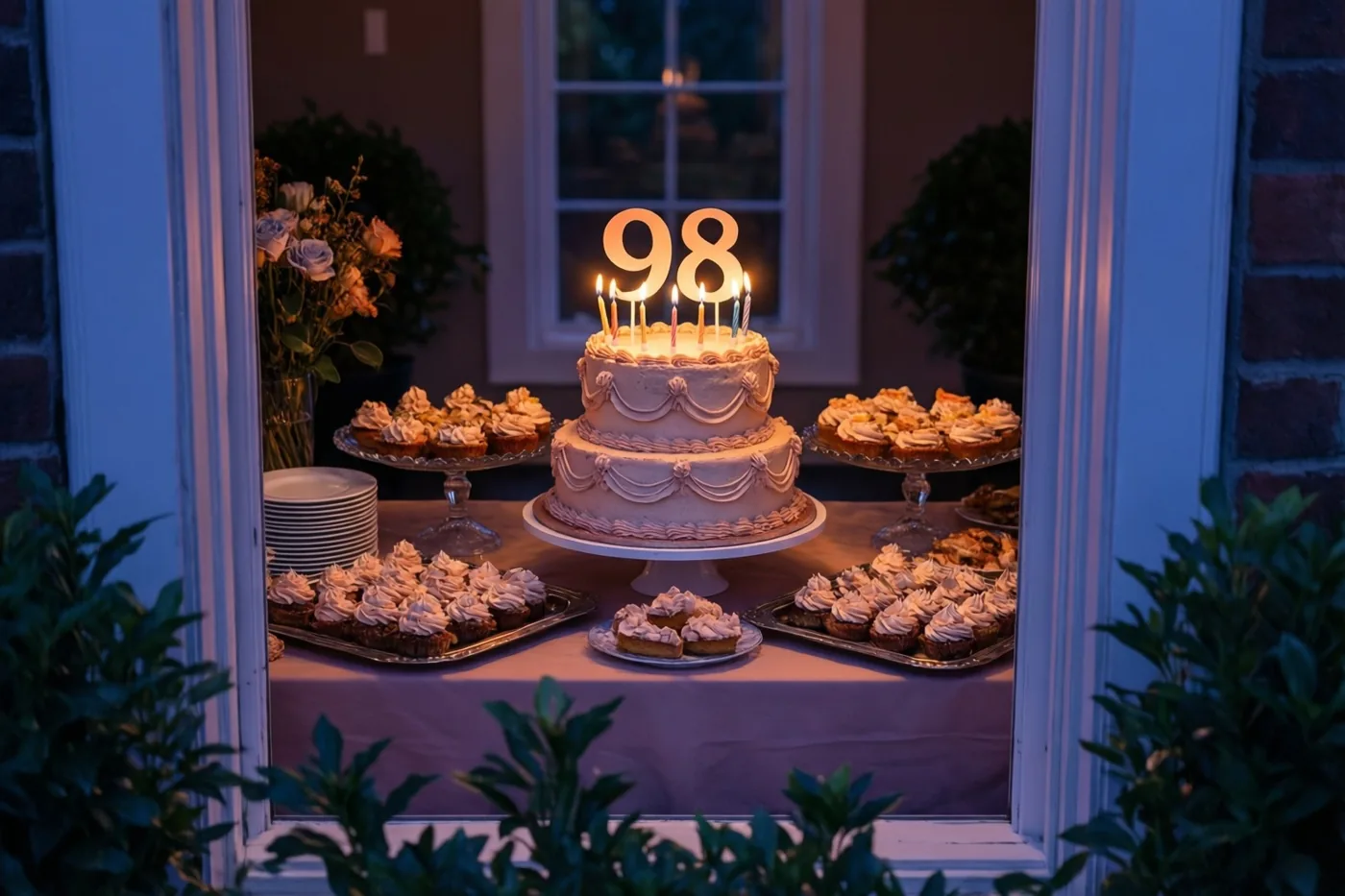 Door een raam met groen eromheen is bij schemering een stapeltaart te zien met een oplichtende papieren 98 en brandende kaarsen op een buffettafel.