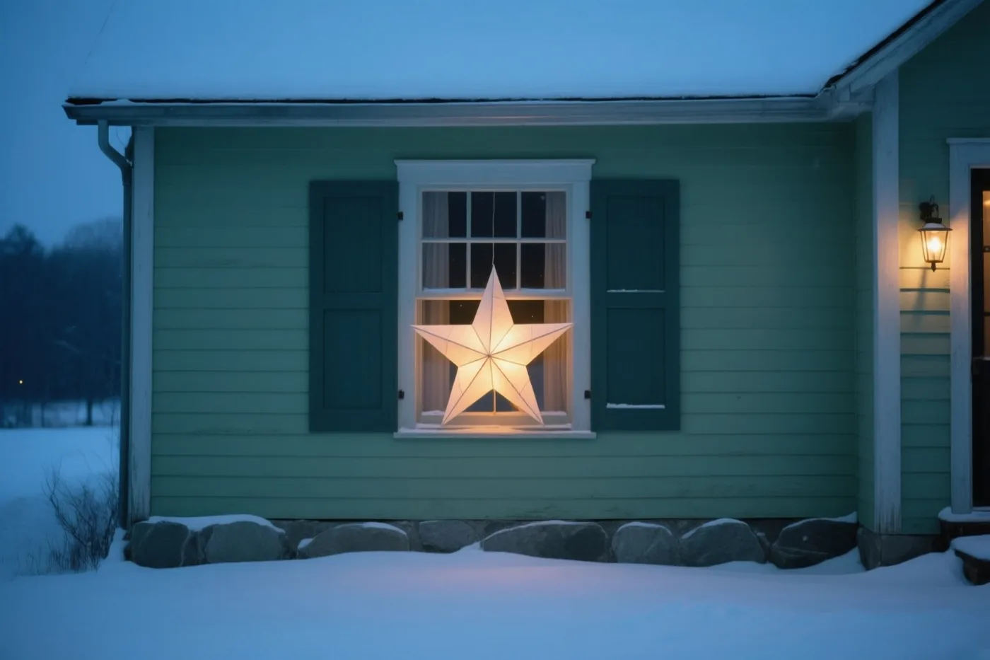 Een verlichte papieren ster hangt in het raam van een groen geschilderde boerderij op een besneeuwde avond, met warm licht uit het raam en een buitenlamp onder een schemerblauwe lucht.