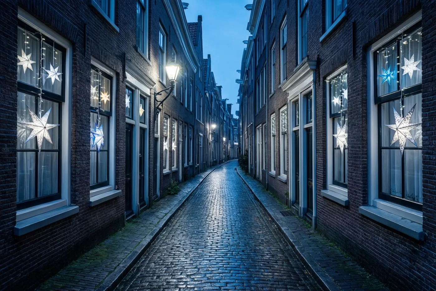 Een smal kasseisteegje ligt tussen bakstenen huizen met verlichte sterren in elk raam, in koelblauwe schemering en warm kunstlicht.