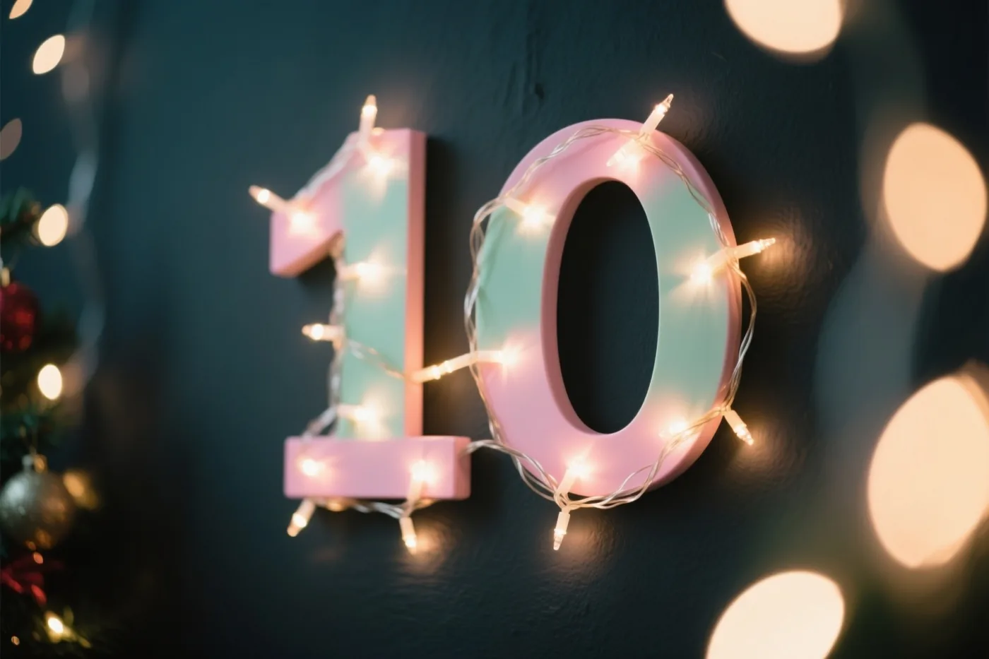 Warme lichtjes zijn rond roze en mintgroene cijfers gewikkeld die samen 10 vormen op een donkere muur, met onscherpe lichtjes en links een stukje kerstboom.