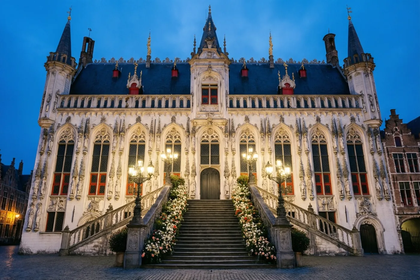 Een met bloemen versierde trap bij een historisch Vlaams stadhuis leidt naar een sierlijke gevel met rode raamkozijnen, verlicht onder een diepblauwe schemerhemel.