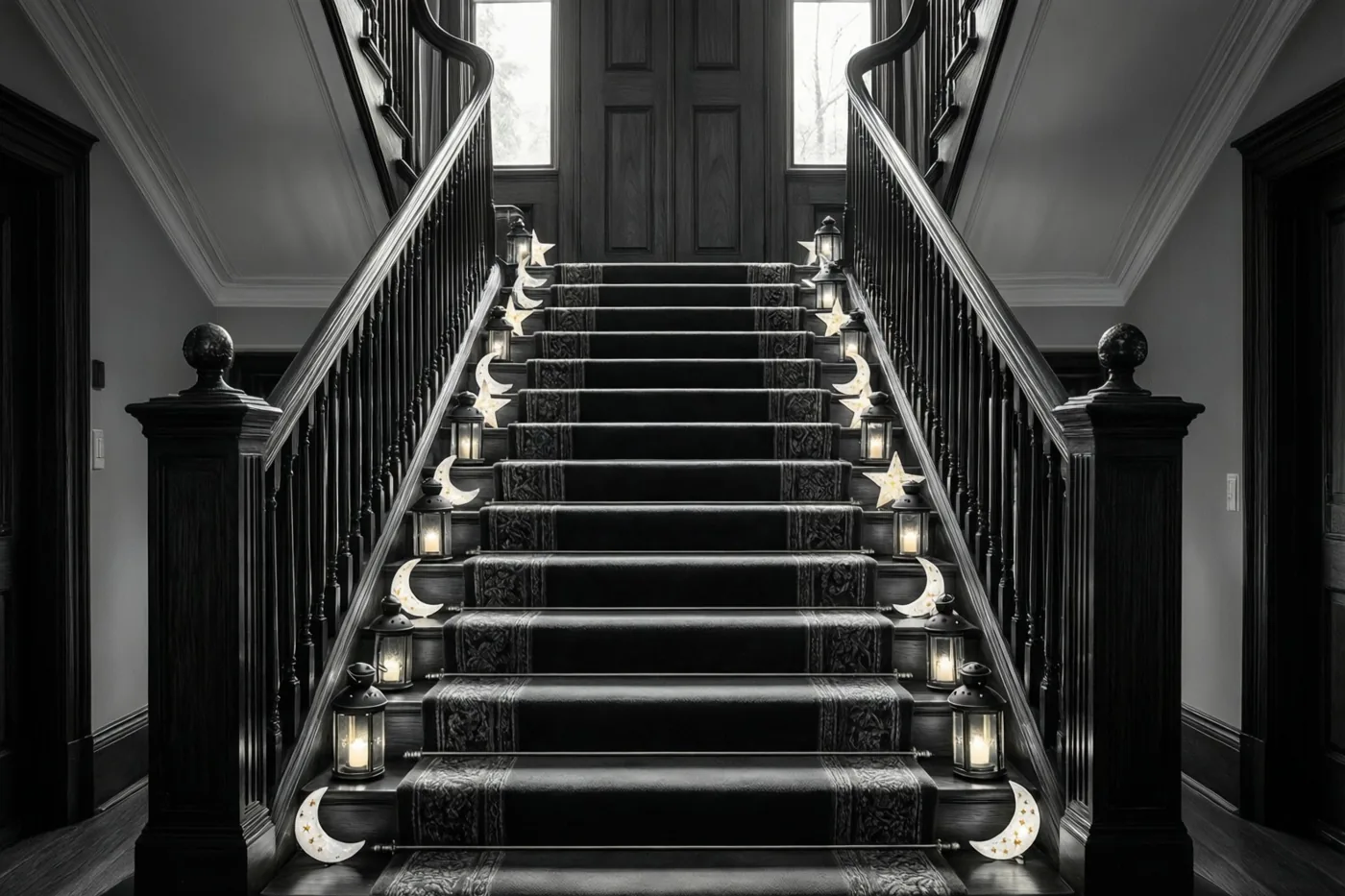 Een statige trap in een elegant huis is omzoomd met kleine lichtgevende maan- en sterlantaarns, in een beeld met zwart, wit en grijstinten.