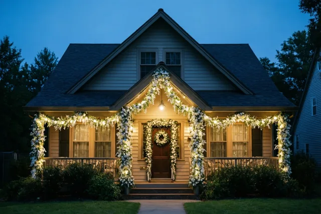 Een symmetrisch huis met een trapgevel, donker dak en lichte gevelbekleding is versierd met witte slingers en een bloemenkrans aan de deur, met warme verlichting en een verzorgd gazon onder een diepblauwe avondlucht.