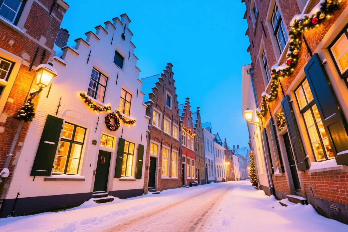 Een besneeuwde Vlaamse dorpsstraat met bakstenen trapgevelhuizen, verlichte ramen en kerstslingers ligt onder een helderblauwe schemerhemel.