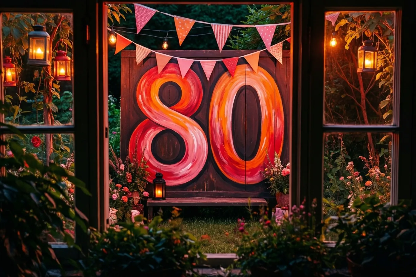 Door een raam is een nachtelijke tuin te zien met een groot geschilderd houten bord met 80, verlicht door lantaarns en lichtslingers en omringd door vlaggetjes en bloemen.