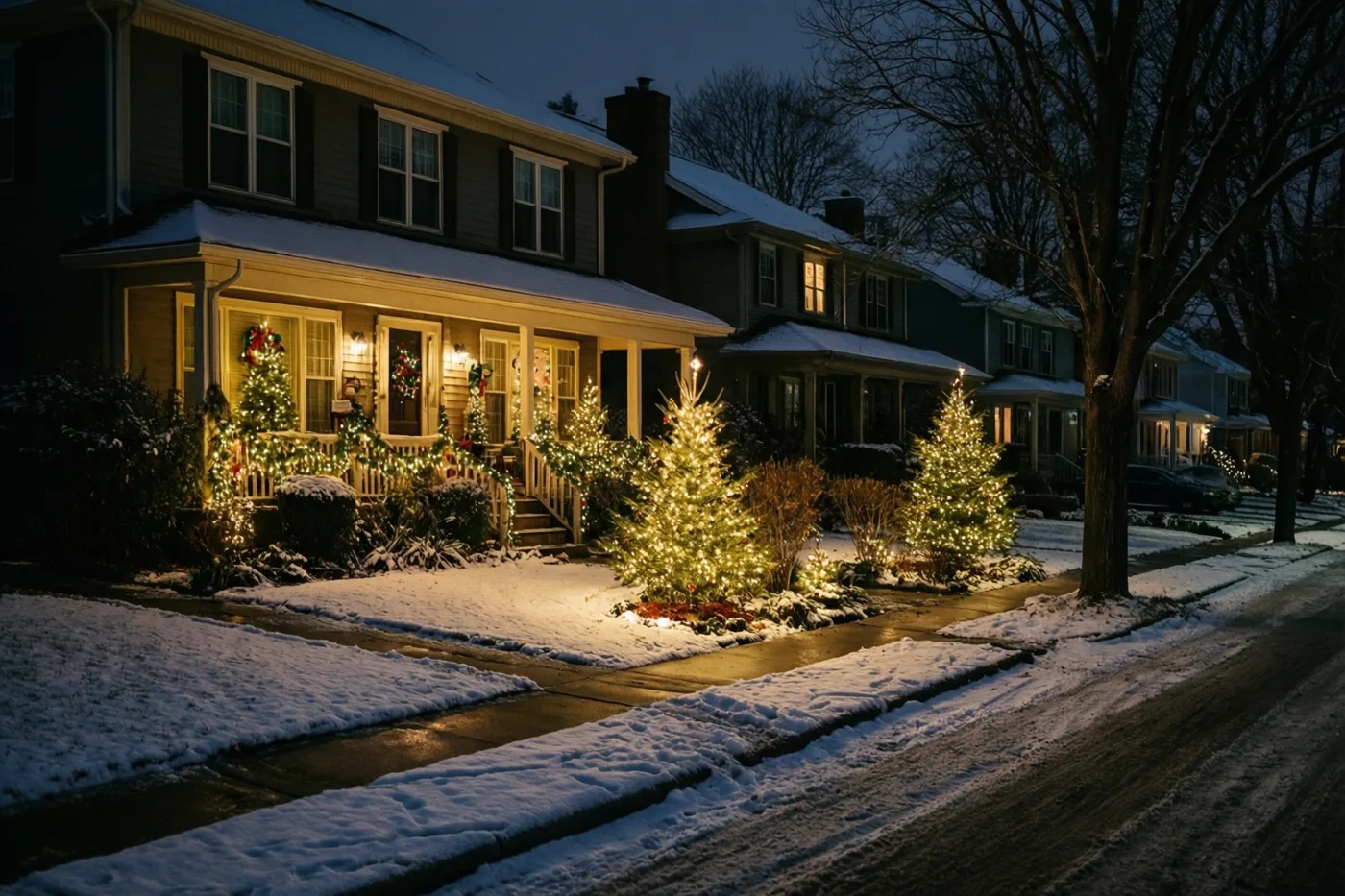 Een besneeuwde woonstraat met kerstlichtjes aan bomen en veranda's ligt 's nachts onder een donkerblauwe hemel.