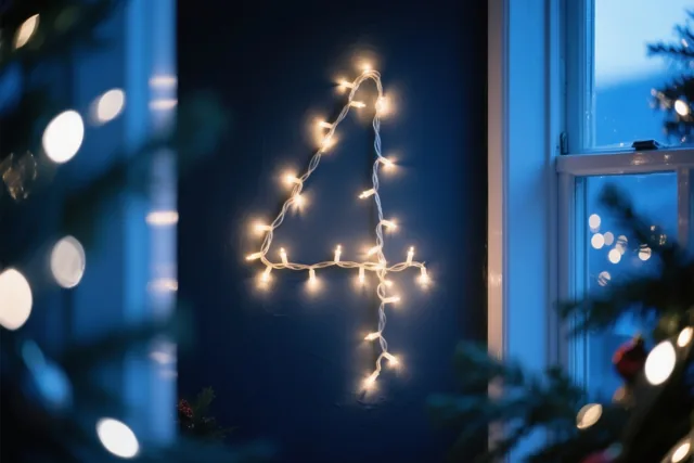 Warme lichtjes vormen het cijfer 4 op een donkerblauwe muur, met onscherpe kerstboomtakken en lichtvlekken bij een raam.