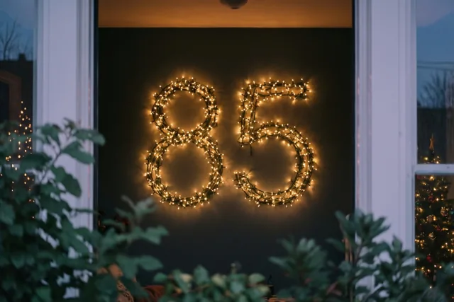 Door een raam met groen op de voorgrond is 85 van warme lichtjes tegen een donkere muur te zien in de schemering of nacht.