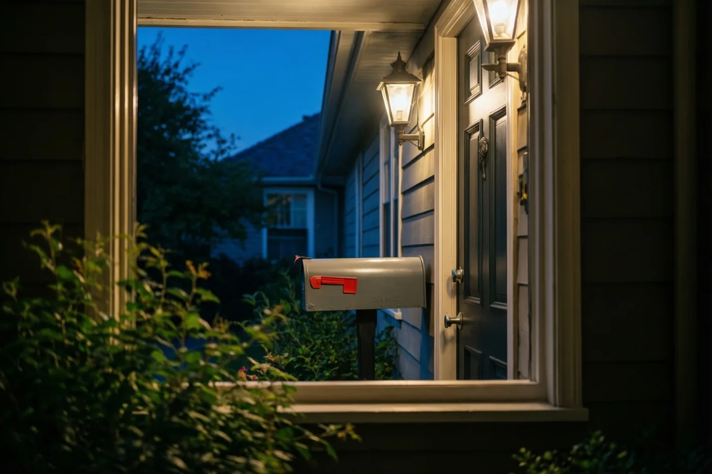 Door een raam is een overdekte ingang met een brievenbus en een donkere voordeur te zien, verlicht door warme buitenlampen tegen een blauwe schemerlucht.