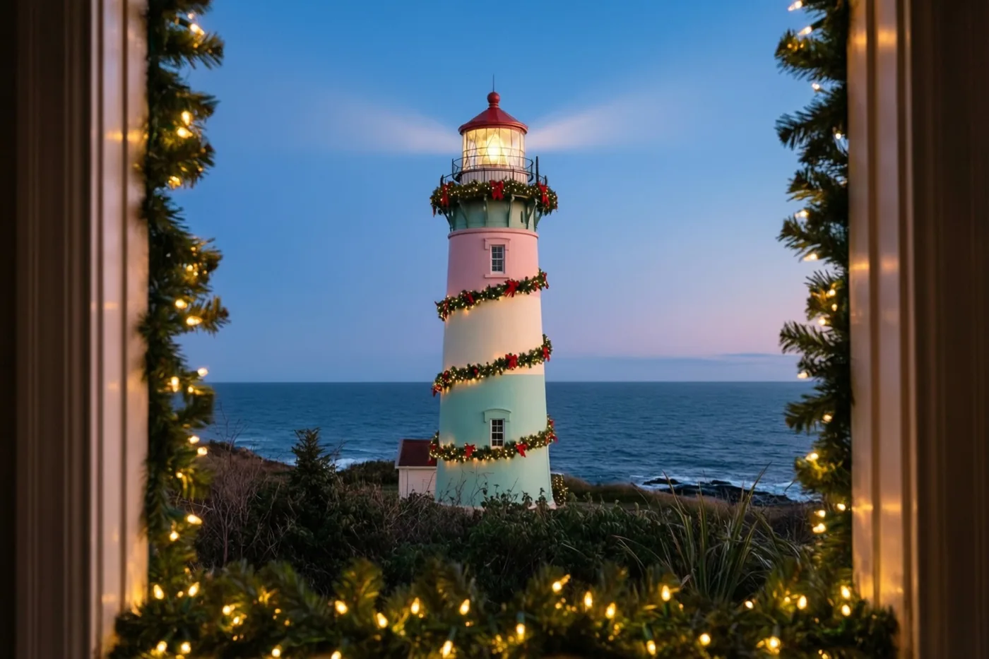 Door een raam met feestelijke lichtjes is bij schemering een vuurtoren op een klif aan zee te zien, versierd met een slinger kerstlichtjes.