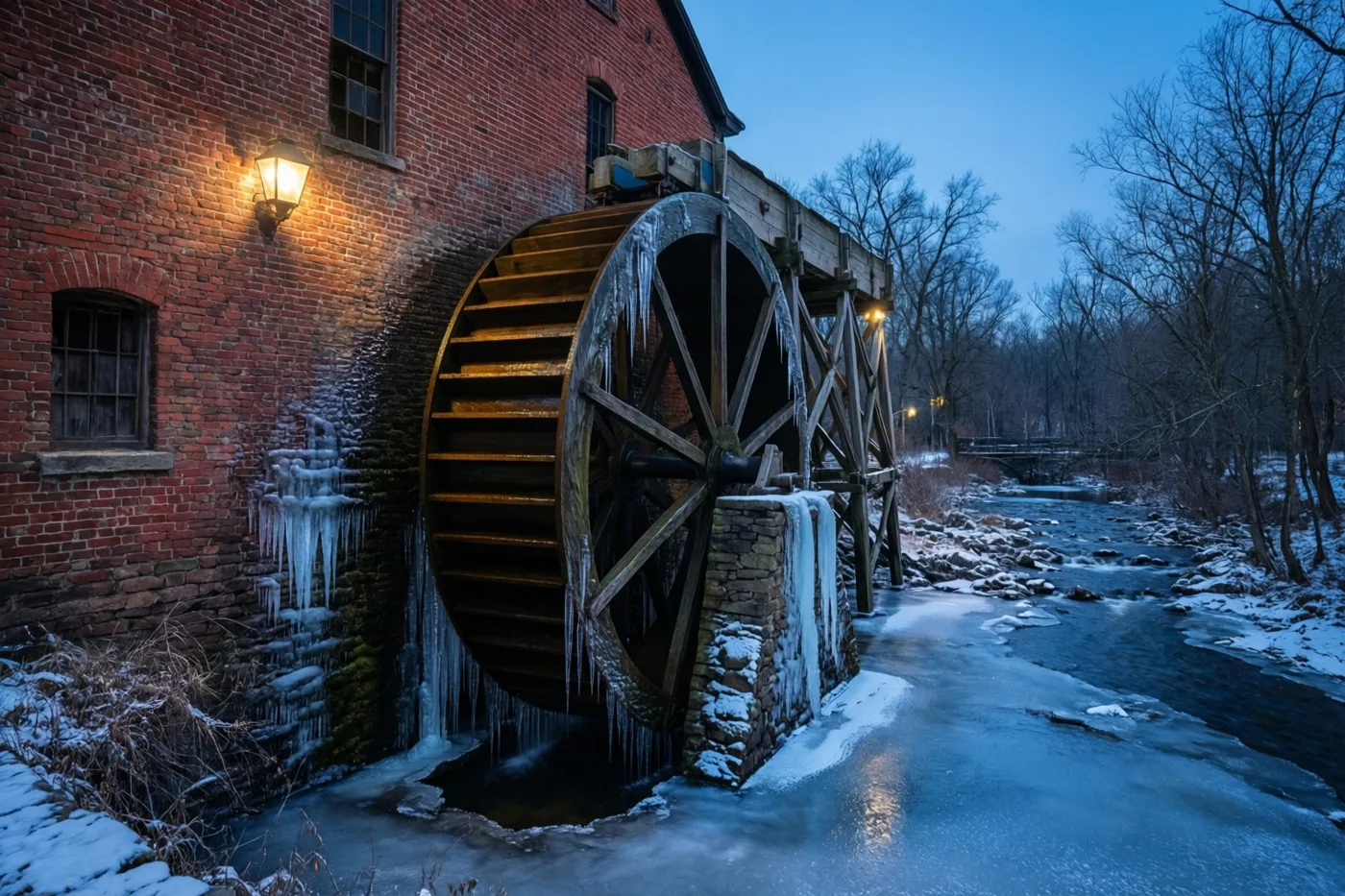 Een oude rode bakstenen watermolen met ijspegels aan het houten rad staat naast een deels bevroren beek, verlicht door warme lampen onder een blauwe schemerhemel.