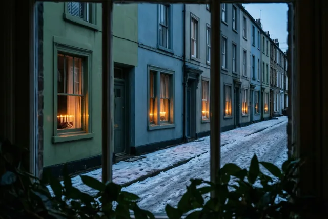 Door een raam is een besneeuwde straat met rijhuizen te zien, met in elk raam een brandende kandelaar in de blauwgroene schemering.