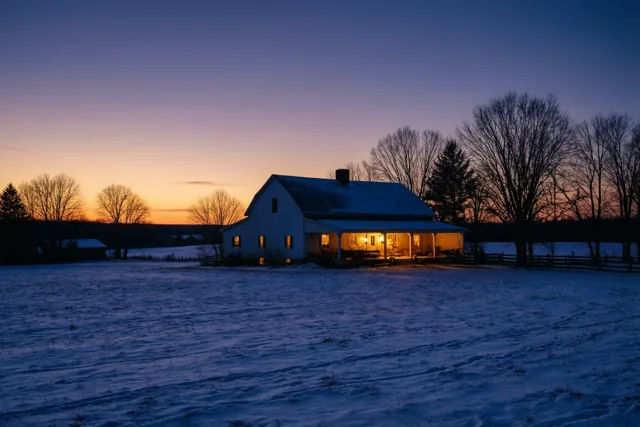 Een witte hoeve met verlichte ramen en een verlichte veranda staat in een besneeuwd veld onder een avondhemel die van oranje naar donkerblauw verloopt.