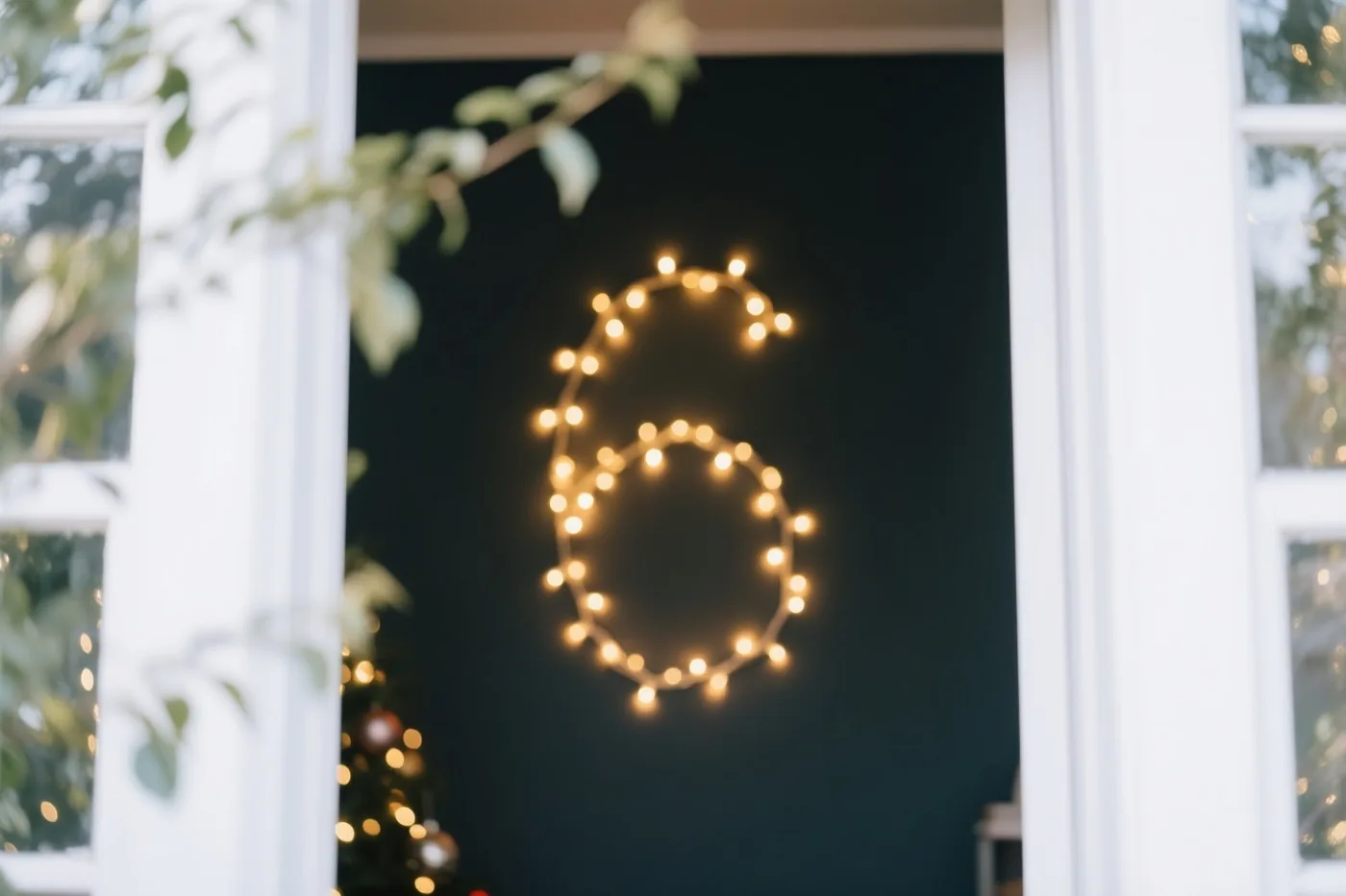 Door een raam met een wit kozijn is een cijfer 6 van warme lichtjes te zien op een donkere muur, met onscherp groen op de voorgrond.
