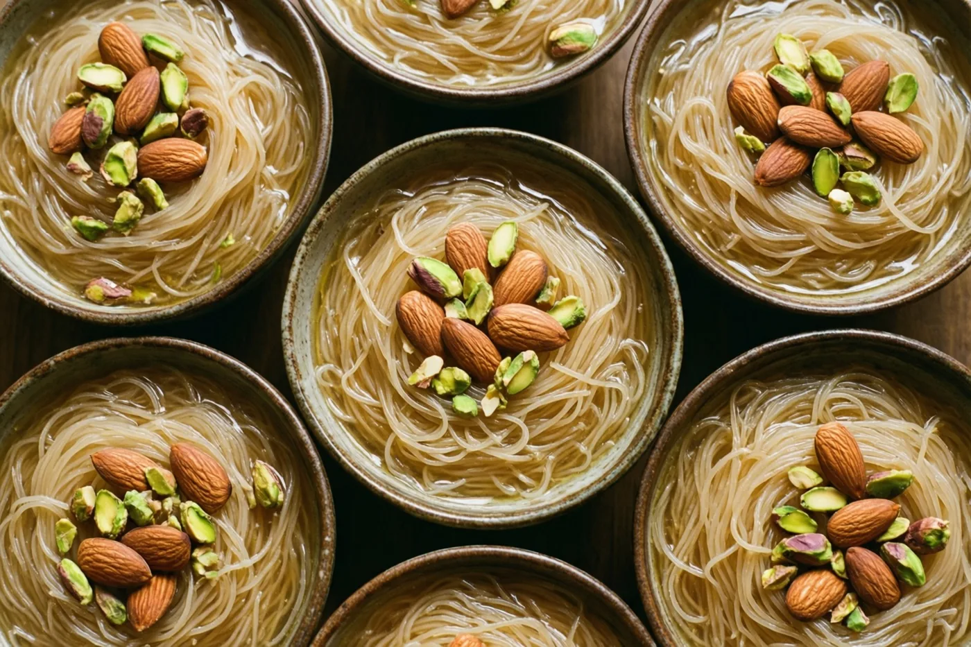 Keramieken kommen met doorschijnende zoete vermicellipudding, hele amandelen en gehakte pistachenoten staan op donker hout.